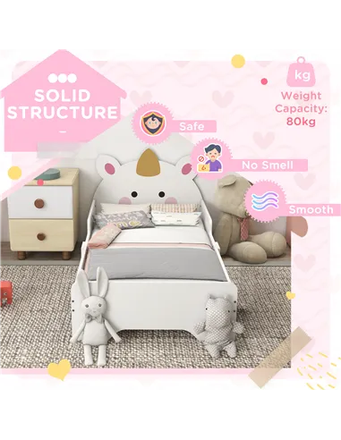 ZONEKIZ Unicorn-Designed Toddler Bed, Kids Bedroom Furniture, for Ages 3-6 Years, 143 x 74 x 67cm - White