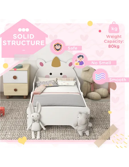 ZONEKIZ Unicorn-Designed Toddler Bed, Kids Bedroom Furniture, for Ages 3-6 Years, 143 x 74 x 67cm - White