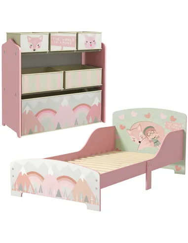 ZONEKIZ Toddler Bed Frame, Kids Storage Shelf Unit with 6 Fabric Bins for Ages 3-6 Years, Pink