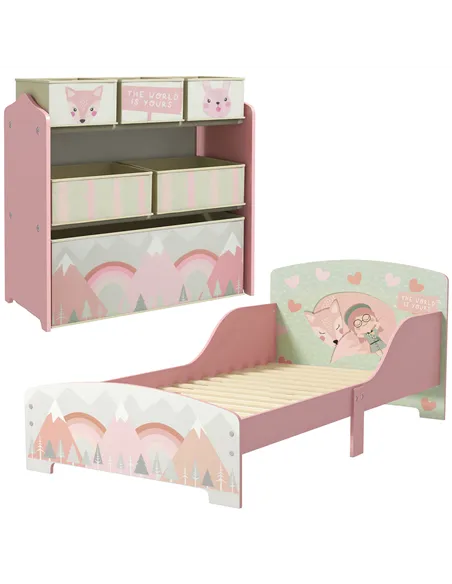 ZONEKIZ Toddler Bed Frame, Kids Storage Shelf Unit with 6 Fabric Bins for Ages 3-6 Years, Pink