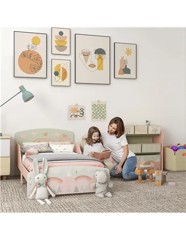 ZONEKIZ Toddler Bed Frame, Kids Storage Shelf Unit with 6 Fabric Bins for Ages 3-6 Years, Pink