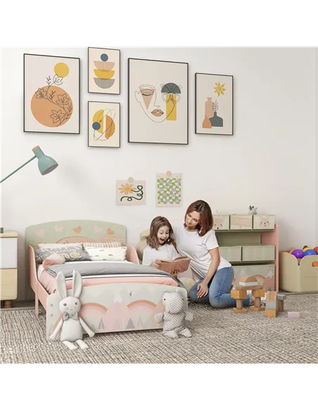 ZONEKIZ Toddler Bed Frame, Kids Storage Shelf Unit with 6 Fabric Bins for Ages 3-6 Years, Pink