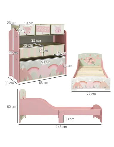ZONEKIZ Toddler Bed Frame, Kids Storage Shelf Unit with 6 Fabric Bins for Ages 3-6 Years, Pink