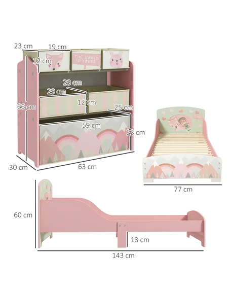 ZONEKIZ Toddler Bed Frame, Kids Storage Shelf Unit with 6 Fabric Bins for Ages 3-6 Years, Pink