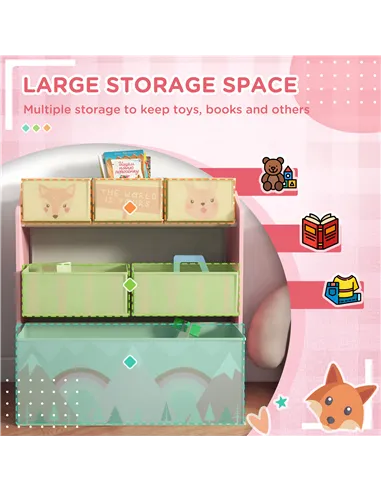 ZONEKIZ Toddler Bed Frame, Kids Storage Shelf Unit with 6 Fabric Bins for Ages 3-6 Years, Pink