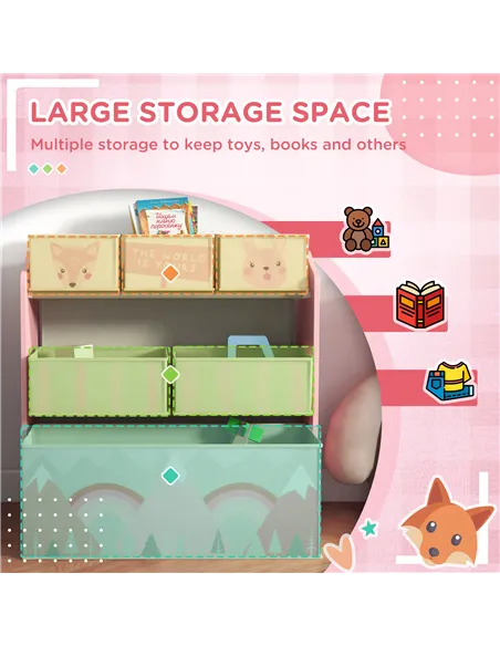 ZONEKIZ Toddler Bed Frame, Kids Storage Shelf Unit with 6 Fabric Bins for Ages 3-6 Years, Pink