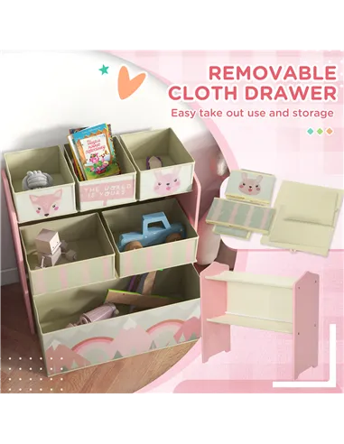 ZONEKIZ Toddler Bed Frame, Kids Storage Shelf Unit with 6 Fabric Bins for Ages 3-6 Years, Pink
