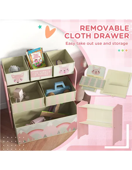 ZONEKIZ Toddler Bed Frame, Kids Storage Shelf Unit with 6 Fabric Bins for Ages 3-6 Years, Pink