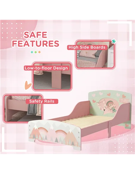 ZONEKIZ Toddler Bed Frame, Kids Storage Shelf Unit with 6 Fabric Bins for Ages 3-6 Years, Pink