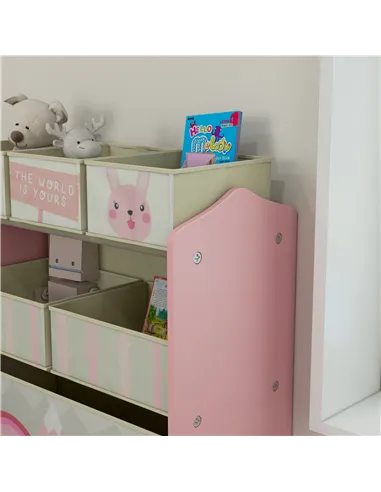 ZONEKIZ Toddler Bed Frame, Kids Storage Shelf Unit with 6 Fabric Bins for Ages 3-6 Years, Pink