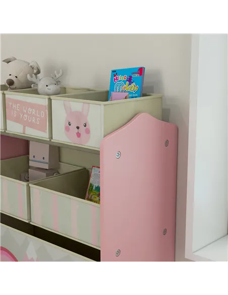 ZONEKIZ Toddler Bed Frame, Kids Storage Shelf Unit with 6 Fabric Bins for Ages 3-6 Years, Pink