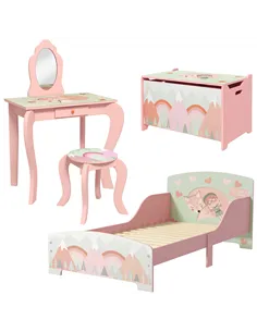 ZONEKIZ Kids Bedroom Furniture Set Includes Bed Frame, Toy Chest, Dressing Table for Ages 3-6 Years, Pink