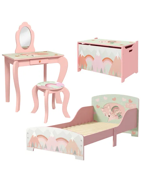 ZONEKIZ Kids Bedroom Furniture Set Includes Bed Frame, Toy Chest, Dressing Table for Ages 3-6 Years, Pink