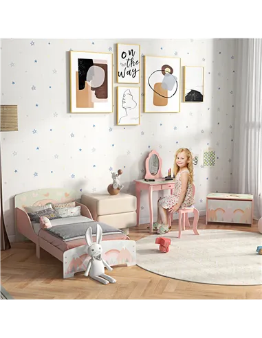 ZONEKIZ Kids Bedroom Furniture Set Includes Bed Frame, Toy Chest, Dressing Table for Ages 3-6 Years, Pink