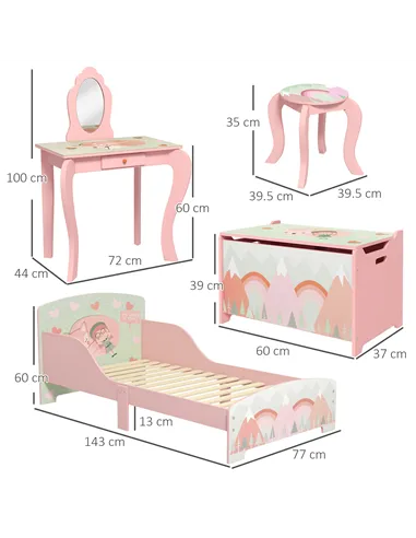 ZONEKIZ Kids Bedroom Furniture Set Includes Bed Frame, Toy Chest, Dressing Table for Ages 3-6 Years, Pink