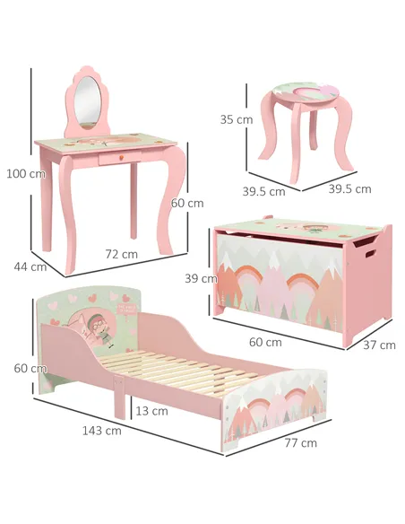 ZONEKIZ Kids Bedroom Furniture Set Includes Bed Frame, Toy Chest, Dressing Table for Ages 3-6 Years, Pink