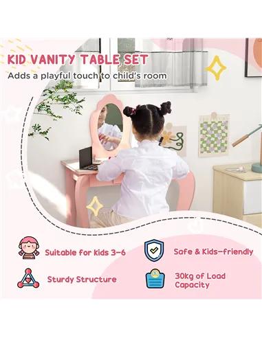 ZONEKIZ Kids Bedroom Furniture Set Includes Bed Frame, Toy Chest, Dressing Table for Ages 3-6 Years, Pink