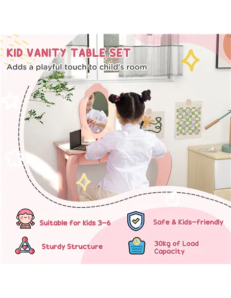 ZONEKIZ Kids Bedroom Furniture Set Includes Bed Frame, Toy Chest, Dressing Table for Ages 3-6 Years, Pink