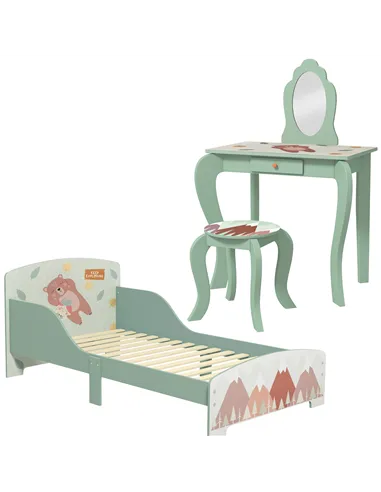 ZONEKIZ Toddler Bed Frame, Kids Dressing Table with Mirror and Stool, Cute Animal Design Kids Bedroom Furniture Set for Ages 3-6