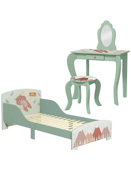 ZONEKIZ Toddler Bed Frame, Kids Dressing Table with Mirror and Stool, Cute Animal Design Kids Bedroom Furniture Set for Ages 3-6