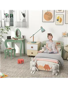 ZONEKIZ Toddler Bed Frame, Kids Dressing Table with Mirror and Stool, Cute Animal Design Kids Bedroom Furniture Set for Ages 3-6 2