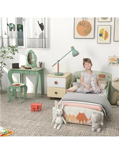 ZONEKIZ Toddler Bed Frame, Kids Dressing Table with Mirror and Stool, Cute Animal Design Kids Bedroom Furniture Set for Ages 3-6