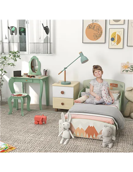 ZONEKIZ Toddler Bed Frame, Kids Dressing Table with Mirror and Stool, Cute Animal Design Kids Bedroom Furniture Set for Ages 3-6