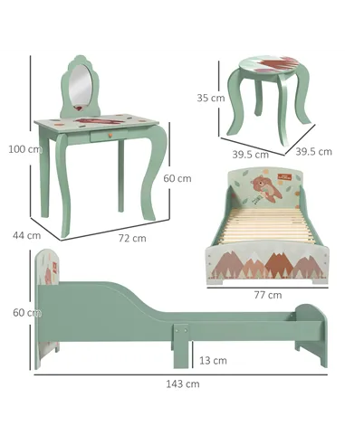 ZONEKIZ Toddler Bed Frame, Kids Dressing Table with Mirror and Stool, Cute Animal Design Kids Bedroom Furniture Set for Ages 3-6