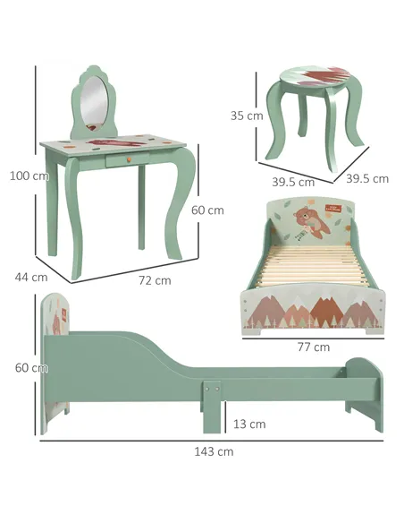 ZONEKIZ Toddler Bed Frame, Kids Dressing Table with Mirror and Stool, Cute Animal Design Kids Bedroom Furniture Set for Ages 3-6