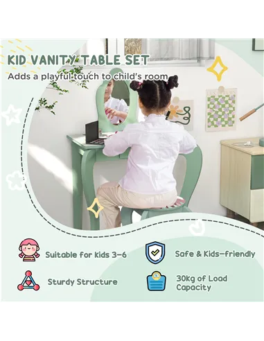 ZONEKIZ Toddler Bed Frame, Kids Dressing Table with Mirror and Stool, Cute Animal Design Kids Bedroom Furniture Set for Ages 3-6