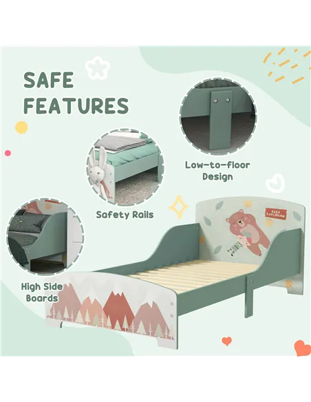 ZONEKIZ Toddler Bed Frame, Kids Dressing Table with Mirror and Stool, Cute Animal Design Kids Bedroom Furniture Set for Ages 3-6