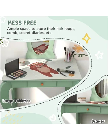 ZONEKIZ Toddler Bed Frame, Kids Dressing Table with Mirror and Stool, Cute Animal Design Kids Bedroom Furniture Set for Ages 3-6