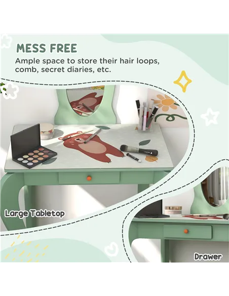 ZONEKIZ Toddler Bed Frame, Kids Dressing Table with Mirror and Stool, Cute Animal Design Kids Bedroom Furniture Set for Ages 3-6