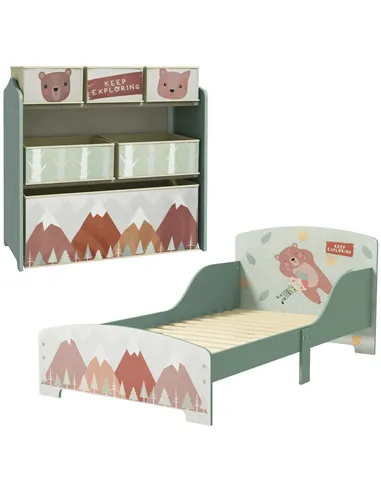 ZONEKIZ Toddler Bed Frame, Kids Storage Shelf Unit with 6 Fabric Bins for Ages 3-6 Years, Green