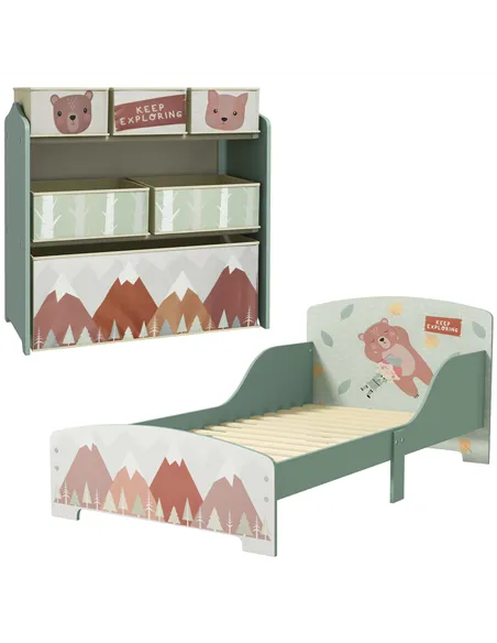 ZONEKIZ Toddler Bed Frame, Kids Storage Shelf Unit with 6 Fabric Bins for Ages 3-6 Years, Green