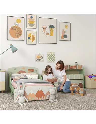 ZONEKIZ Toddler Bed Frame, Kids Storage Shelf Unit with 6 Fabric Bins for Ages 3-6 Years, Green