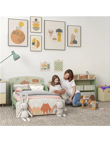 ZONEKIZ Toddler Bed Frame, Kids Storage Shelf Unit with 6 Fabric Bins for Ages 3-6 Years, Green