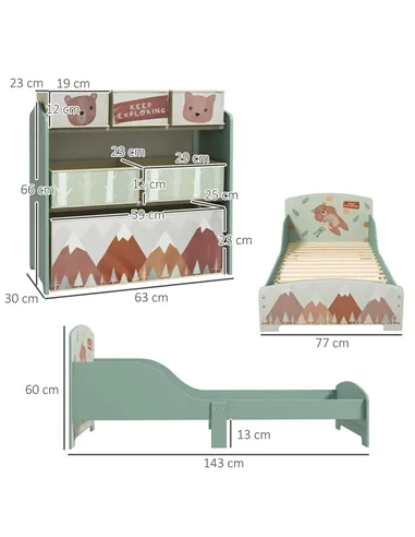 ZONEKIZ Toddler Bed Frame, Kids Storage Shelf Unit with 6 Fabric Bins for Ages 3-6 Years, Green
