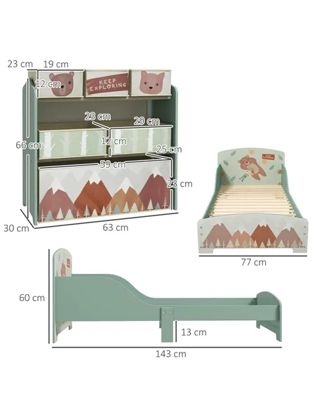 ZONEKIZ Toddler Bed Frame, Kids Storage Shelf Unit with 6 Fabric Bins for Ages 3-6 Years, Green