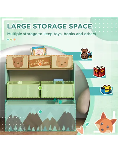 ZONEKIZ Toddler Bed Frame, Kids Storage Shelf Unit with 6 Fabric Bins for Ages 3-6 Years, Green