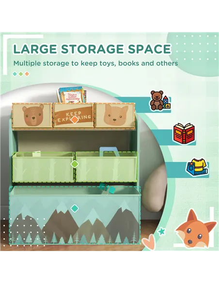 ZONEKIZ Toddler Bed Frame, Kids Storage Shelf Unit with 6 Fabric Bins for Ages 3-6 Years, Green