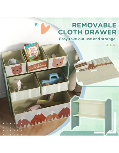 ZONEKIZ Toddler Bed Frame, Kids Storage Shelf Unit with 6 Fabric Bins for Ages 3-6 Years, Green