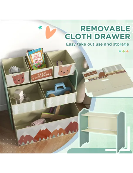 ZONEKIZ Toddler Bed Frame, Kids Storage Shelf Unit with 6 Fabric Bins for Ages 3-6 Years, Green