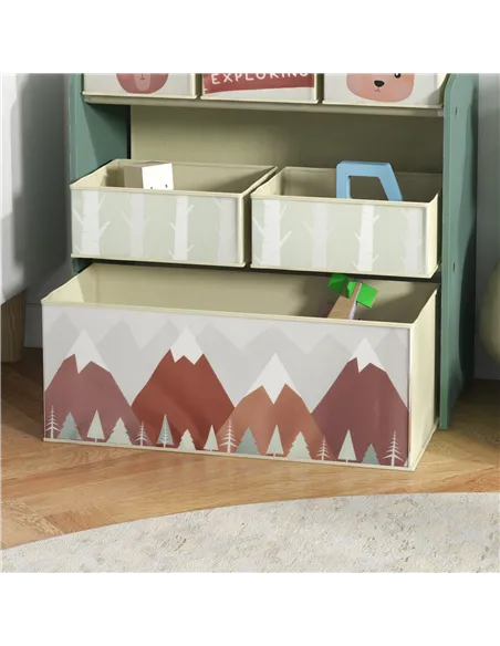 ZONEKIZ Toddler Bed Frame, Kids Storage Shelf Unit with 6 Fabric Bins for Ages 3-6 Years, Green