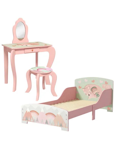ZONEKIZ Toddler Bed Frame, Kids Dressing Table with Mirror and Stool, Cute Animal Design Kids Bedroom Furniture Set for Ages 3-6