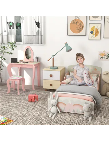 ZONEKIZ Toddler Bed Frame, Kids Dressing Table with Mirror and Stool, Cute Animal Design Kids Bedroom Furniture Set for Ages 3-6
