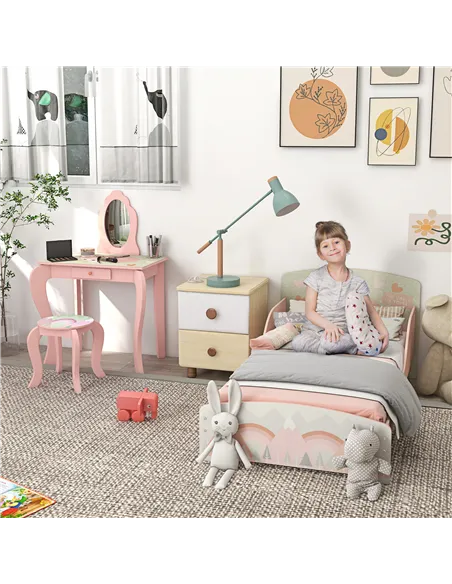 ZONEKIZ Toddler Bed Frame, Kids Dressing Table with Mirror and Stool, Cute Animal Design Kids Bedroom Furniture Set for Ages 3-6