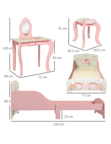 ZONEKIZ Toddler Bed Frame, Kids Dressing Table with Mirror and Stool, Cute Animal Design Kids Bedroom Furniture Set for Ages 3-6