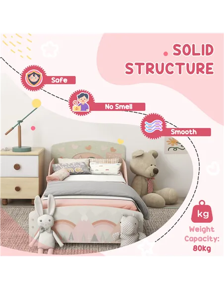 ZONEKIZ Toddler Bed Frame, Kids Dressing Table with Mirror and Stool, Cute Animal Design Kids Bedroom Furniture Set for Ages 3-6