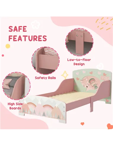 ZONEKIZ Toddler Bed Frame, Kids Dressing Table with Mirror and Stool, Cute Animal Design Kids Bedroom Furniture Set for Ages 3-6